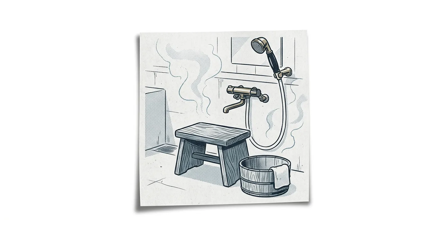 An onsen washing station with a stool and hand-shower, where bathers clean before entering.