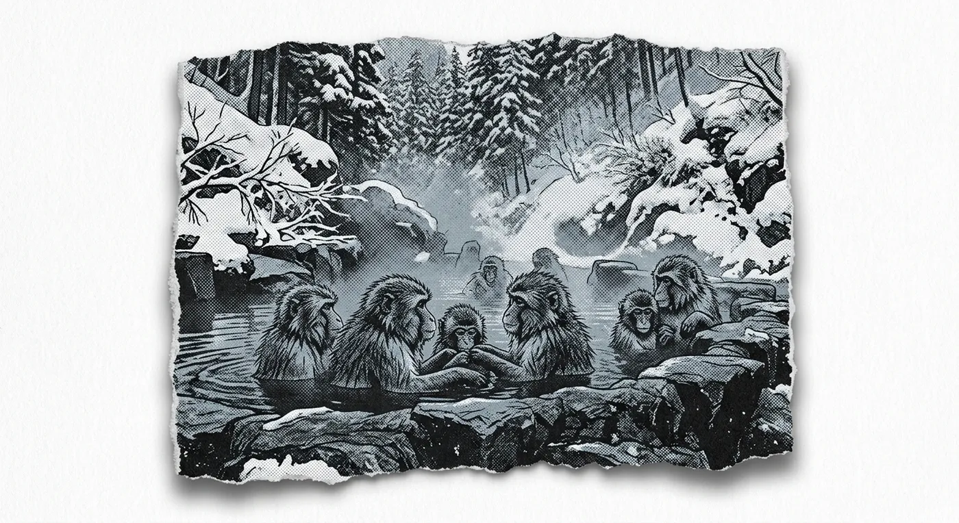 A troop of snow monkeys bathing in a steaming natural hot spring in the snowy forest of Jigokudani.