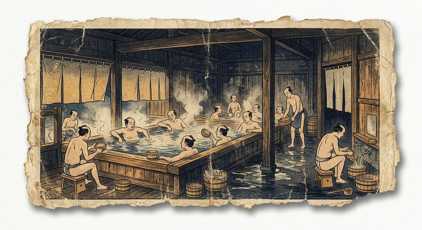 An old-style ukiyo-e woodblock print of an Edo-period Japanese bathhouse.