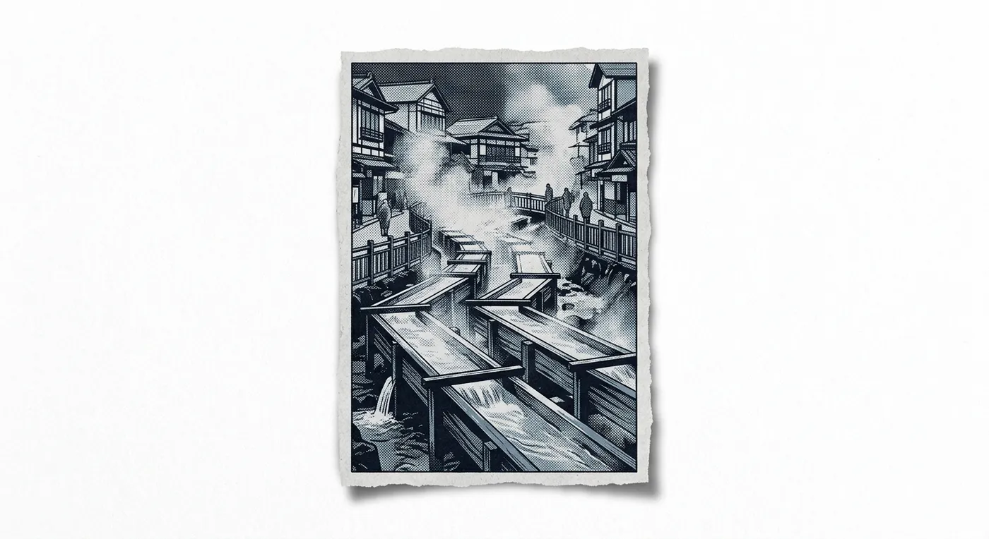 The Kusatsu yubatake, wooden channels of steaming hot spring water in the middle of the onsen town.