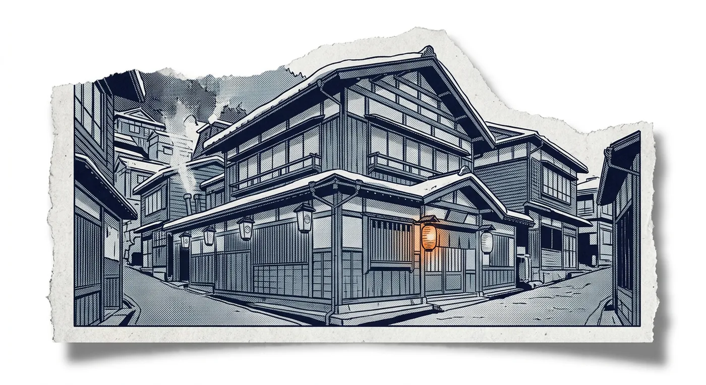 The historic Ō-yu wooden bathhouse on a steaming street in Nozawa Onsen village.
