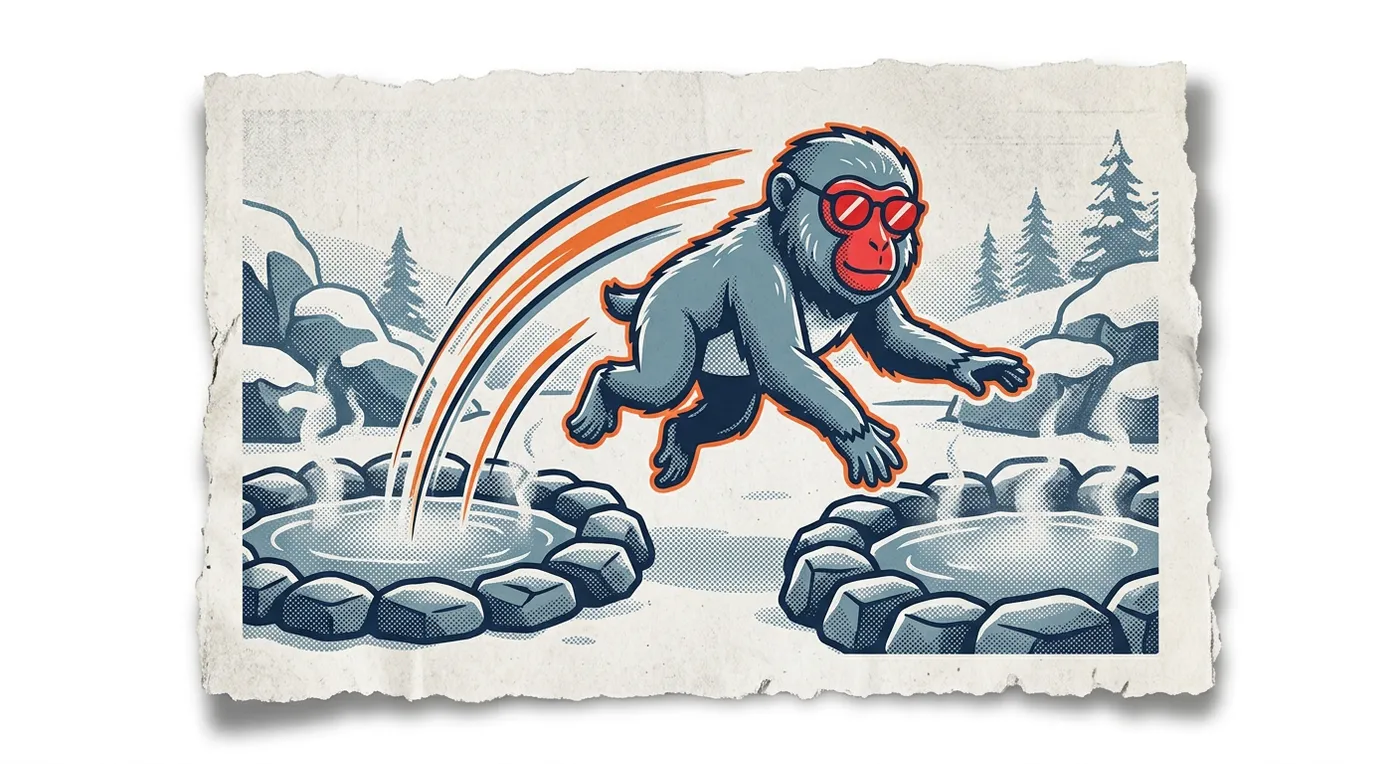 Yudai the snow monkey leaping between steaming pools — the Onsen Hop game.